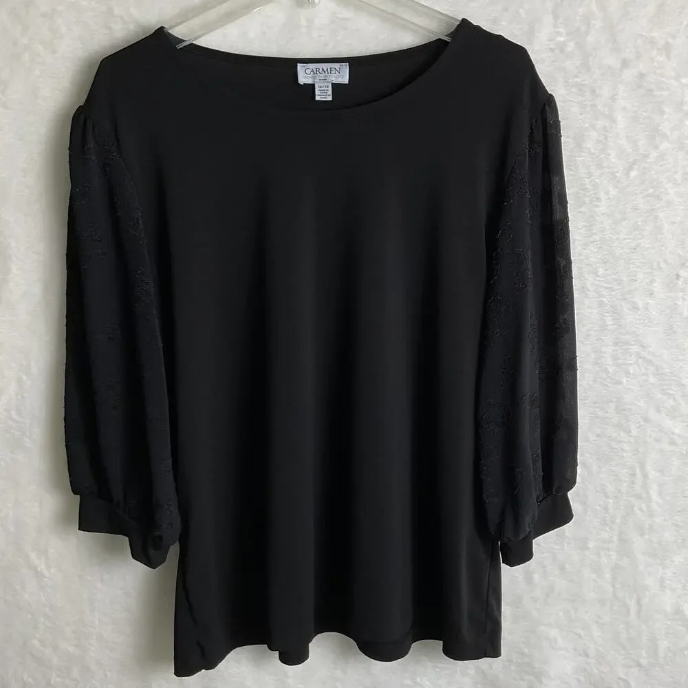 Carmen Marc Valvo Black Blouse Sheer Sleeves Womens 1X